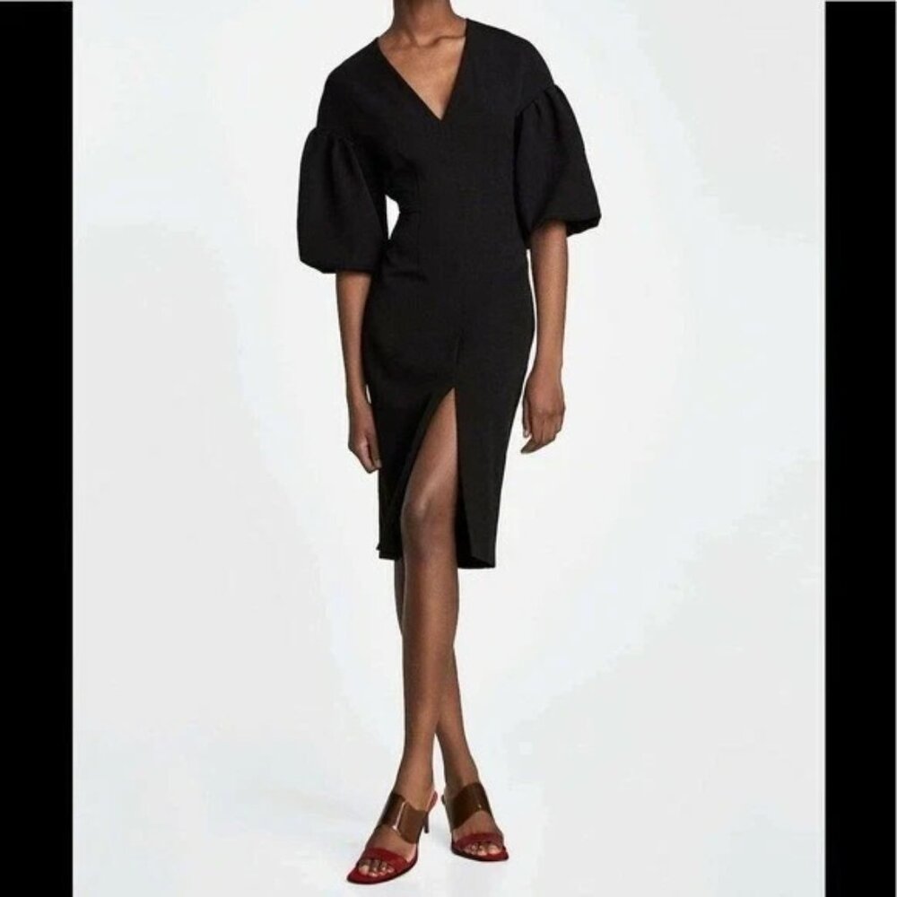 ZARA Puff Sleeve V‎ Neck Front Split Mini Dress Black Size XS